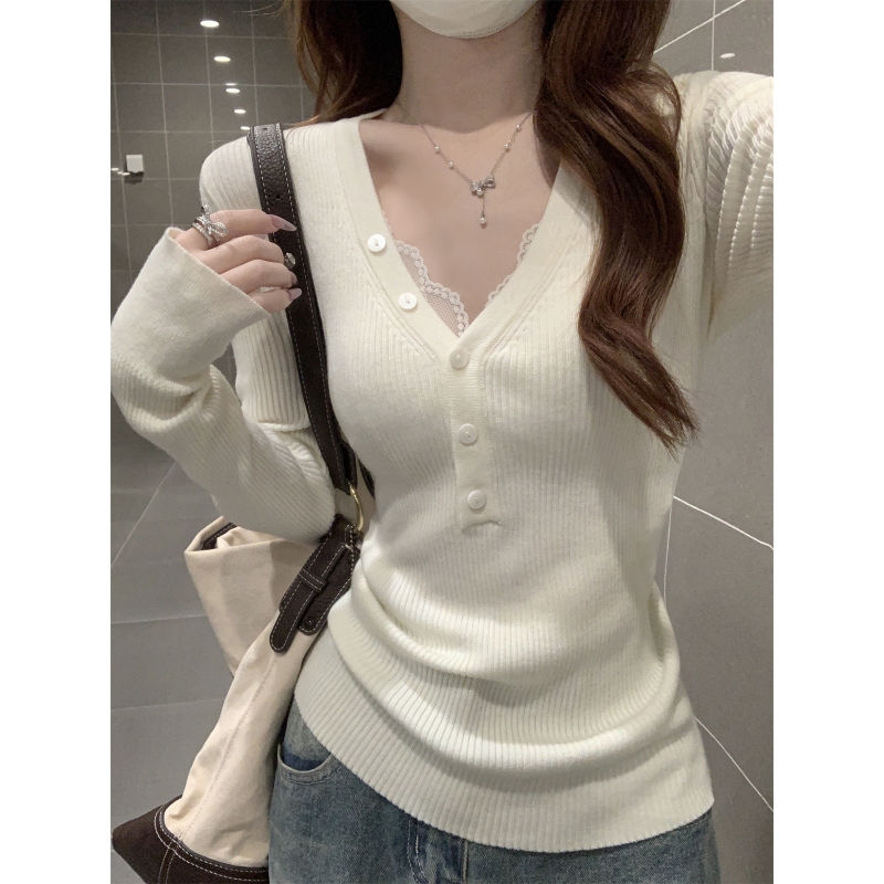 春季2025半开V领纽扣坑条针织毛衣女纯欲修身上衣韩版内搭打底衫