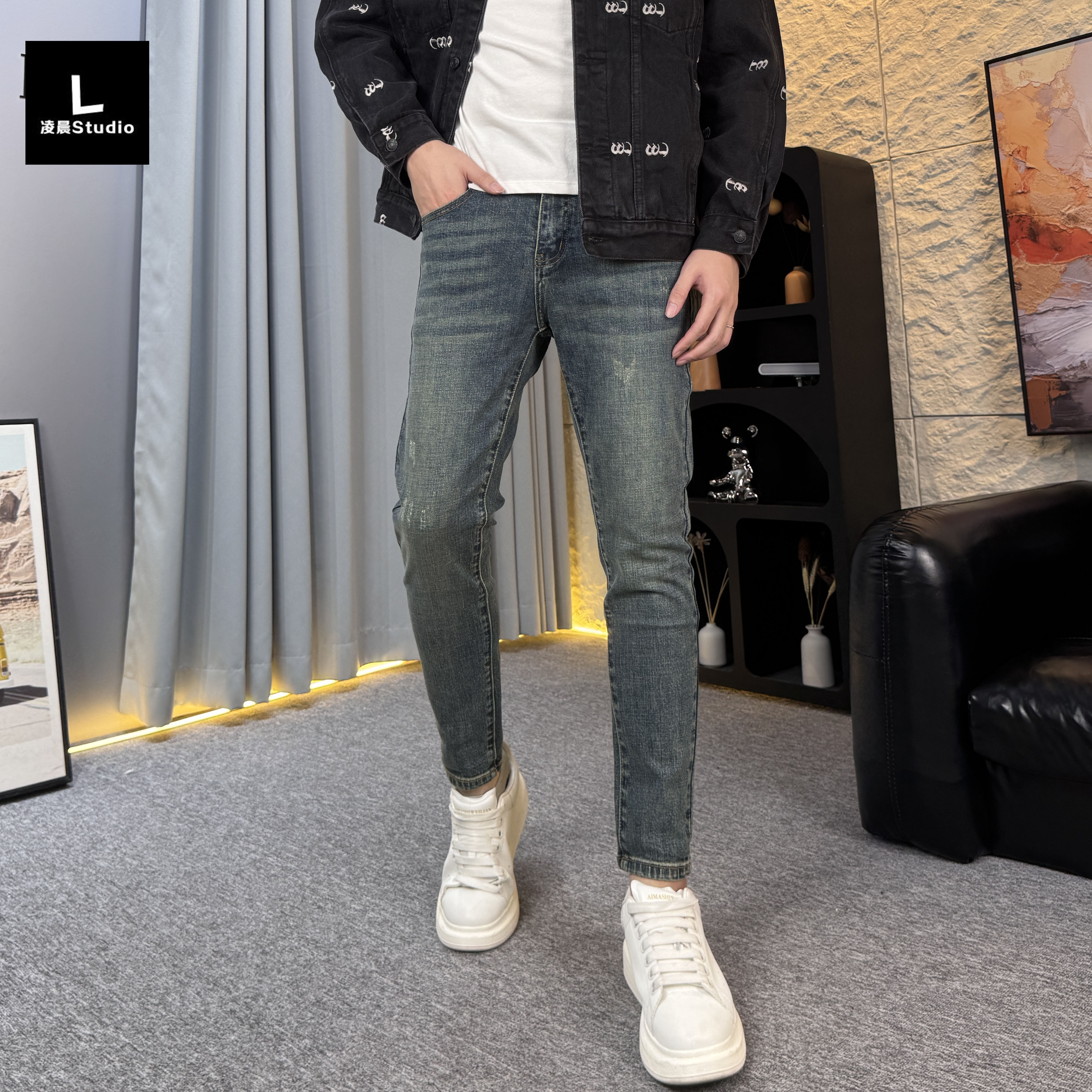 2025新款秋季牛仔裤男修身百搭潮流小脚裤时尚韩版九分牛仔裤男款