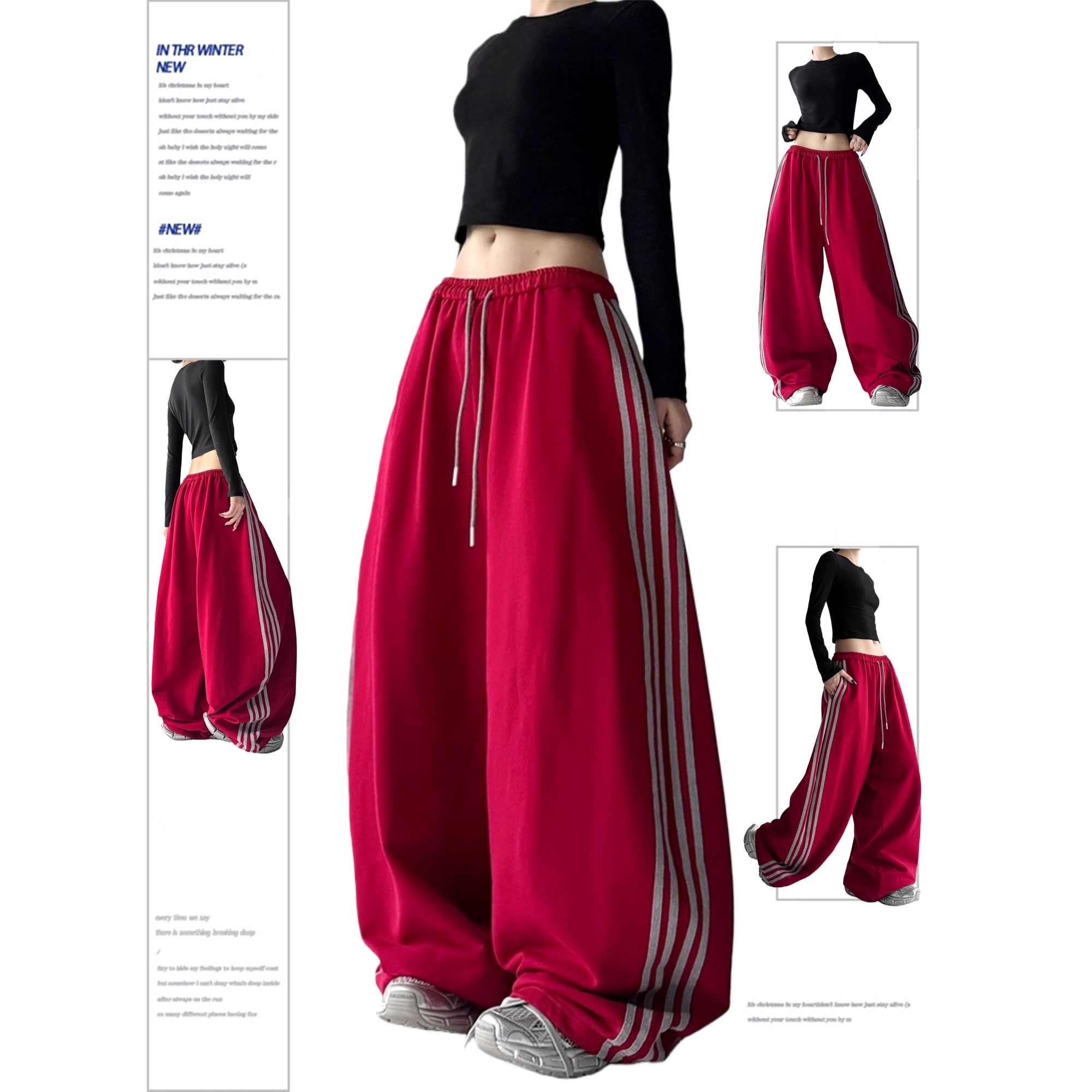 加绒运动秋冬新款美式休闲裤女宽松阔腿卫裤百搭显瘦抽绳束脚裤子