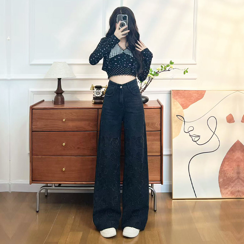 喜绚玫瑰刺绣阔腿牛仔裤女早秋款2025新款宽松时髦满钻直筒裤子女