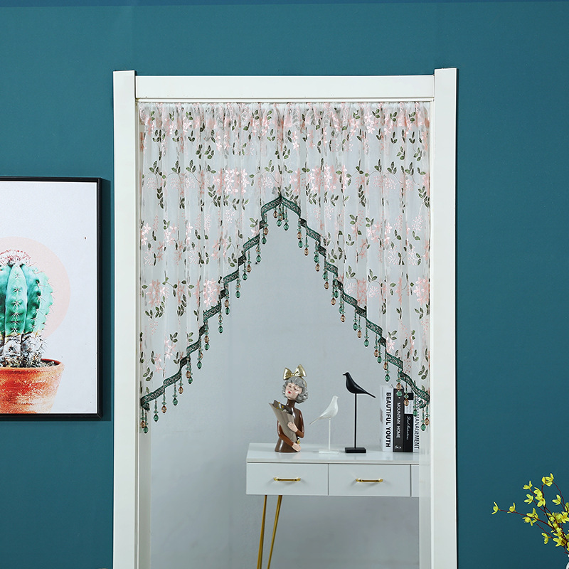 法式复古软装刺绣蕾丝半帘门帘免打孔隔断拱形纱帘窗帘重工吊珠