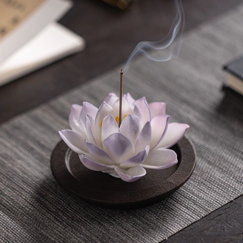 纯手工陶瓷莲花线香香炉送女友雪莲香插摆件中式茶桌家用室内香座