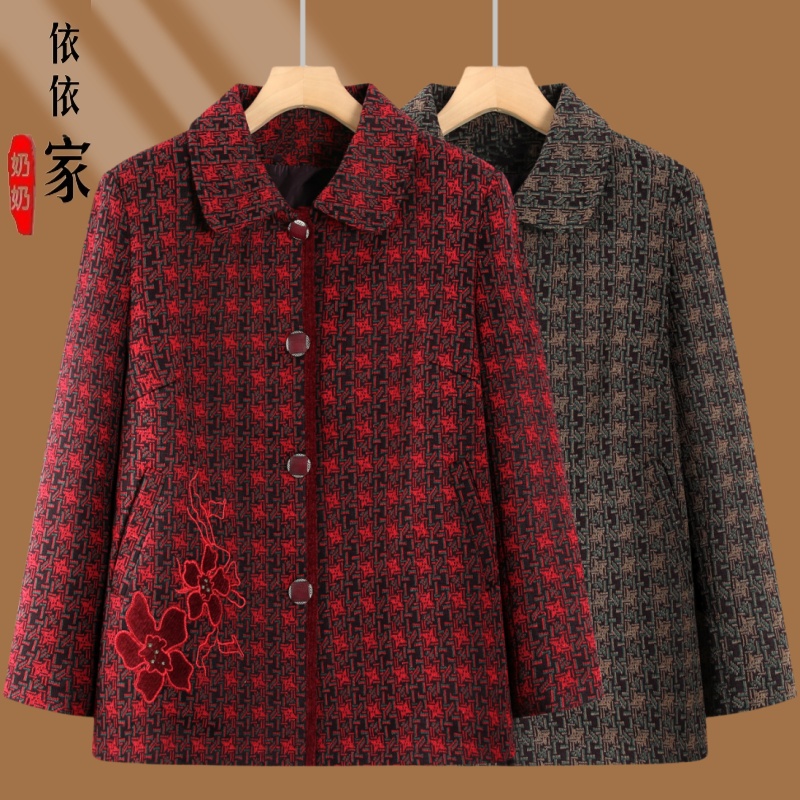 奶奶秋装外套中老年人女气质翻领衣服妈妈春秋款长袖老人格子上衣
