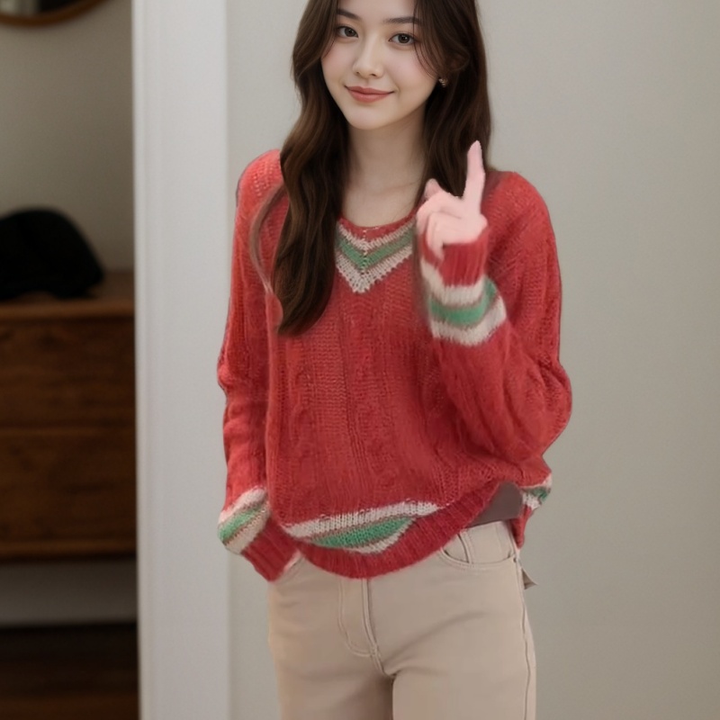 气质设计感拼色v领洋气女人味长袖针织衫LK2508638