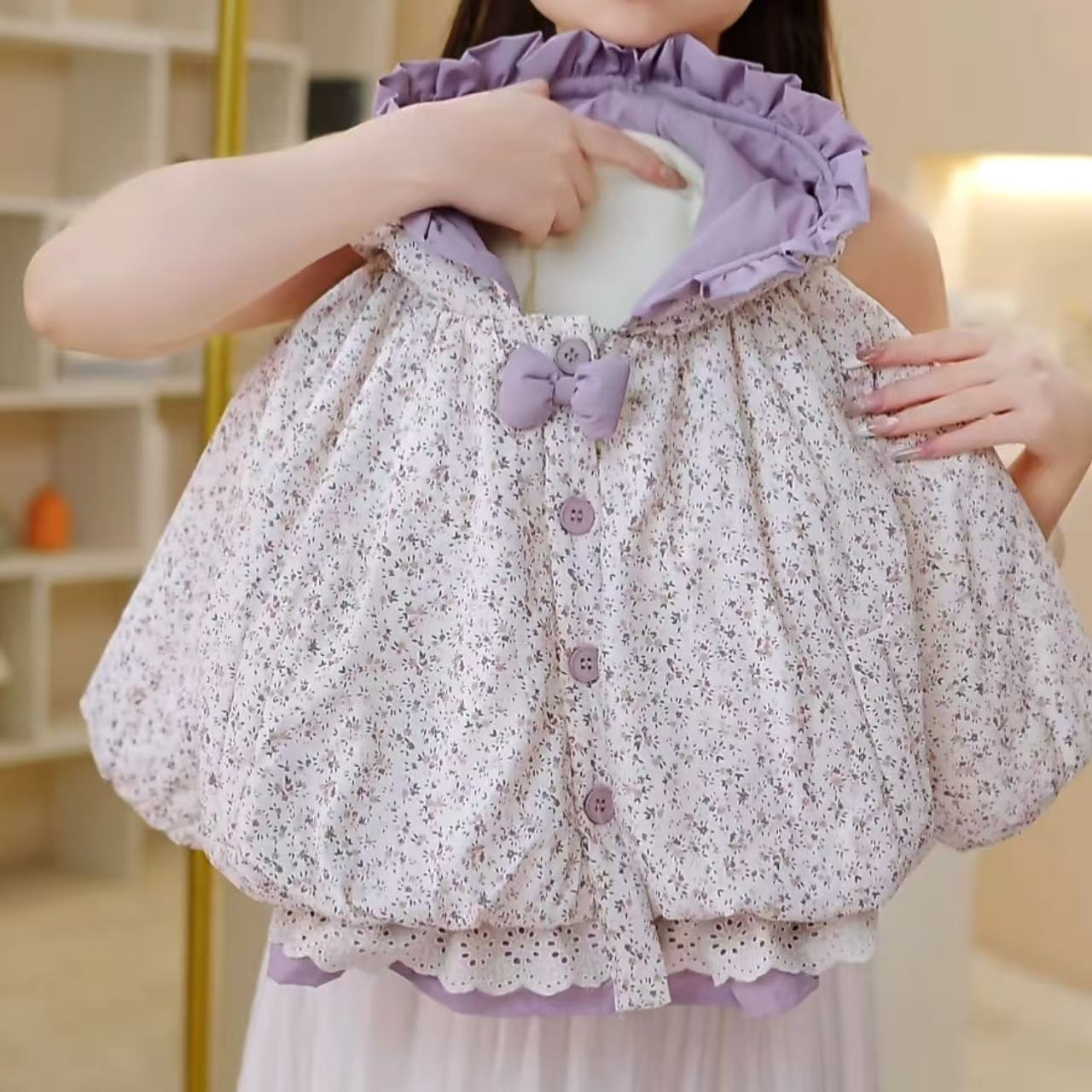 【现货】2025冬装新款女童韩系碎花棉服加绒外套女宝宝连帽夹棉上衣