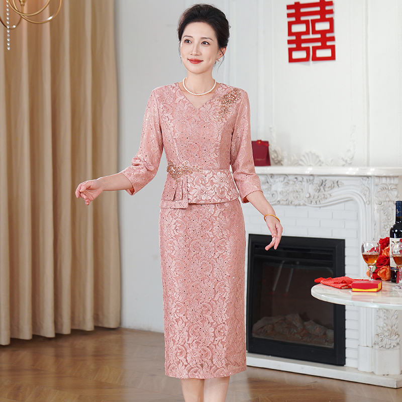 50626新品蕾丝气质高端喜妈妈婚礼喜服订婚礼服年轻婚宴装连衣裙