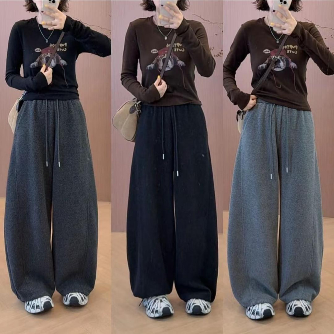 秋冬新款显瘦加绒阔腿裤休闲裤子爆款显瘦宽松小弯刀保暖加厚卫裤