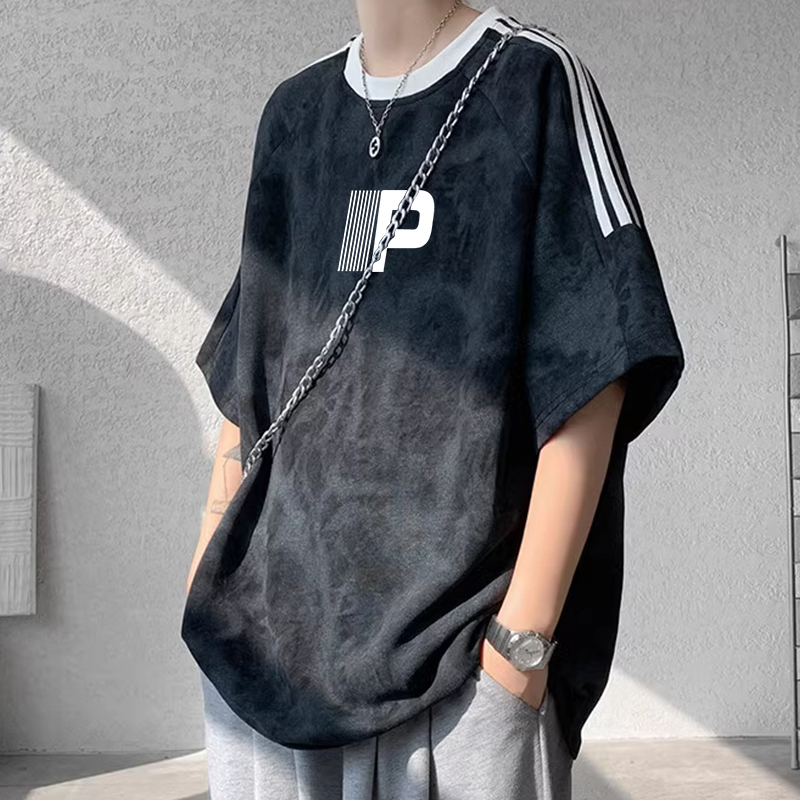 美式短袖男t恤插肩条纹重磅纯棉扎染夏季痞帅青少年情侣半袖上衣