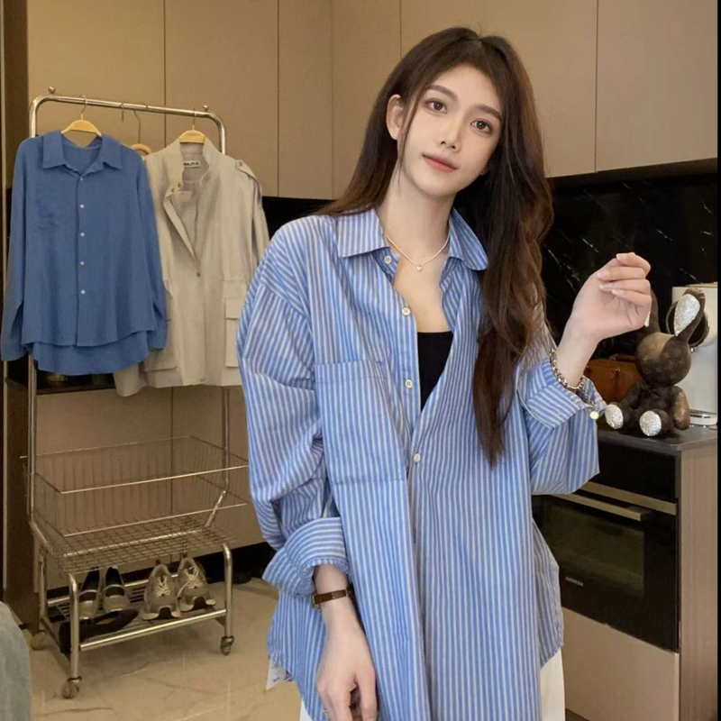 复古港风条纹外套女2025秋季新款宽松中长款宽松慵懒开衫衬衣