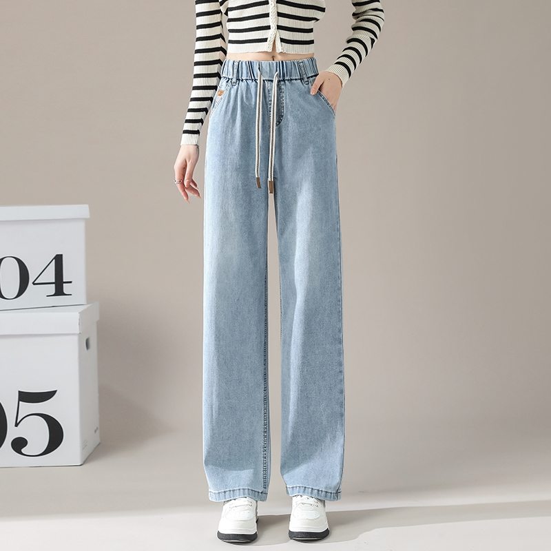 浅色直筒秋冬季加绒阔腿牛仔女松紧腰牛仔裤加绒女款爆款2025新款