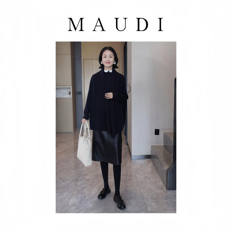 MAUDI直筒皮裙百搭中筒皮裙气质中高腰极简简约皮半裙黑色8229