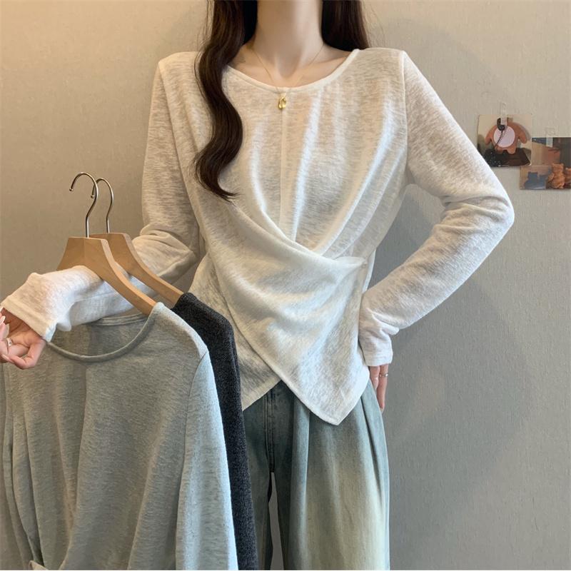 薄款竹节棉正肩长袖T恤女2025春秋新款大码胖mm小衫不规则上衣