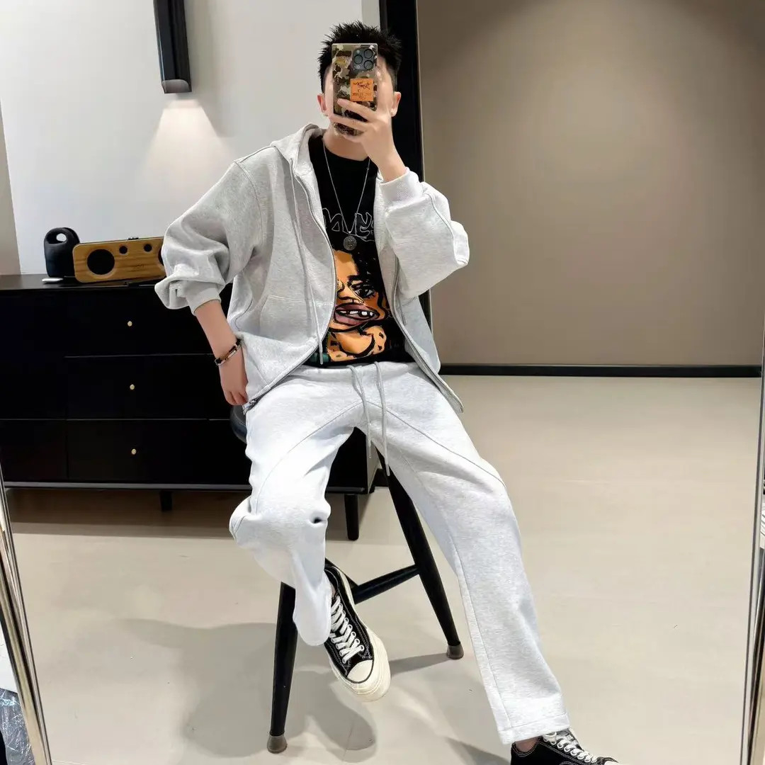 BW重磅挺括双向拉链纯色休闲运动套装男士时尚潮牌卫衣长裤两件套