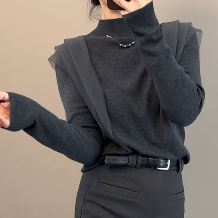 今年流行穿搭2025秋冬新款温柔风常规款网纱拼接毛针织衫高领上衣