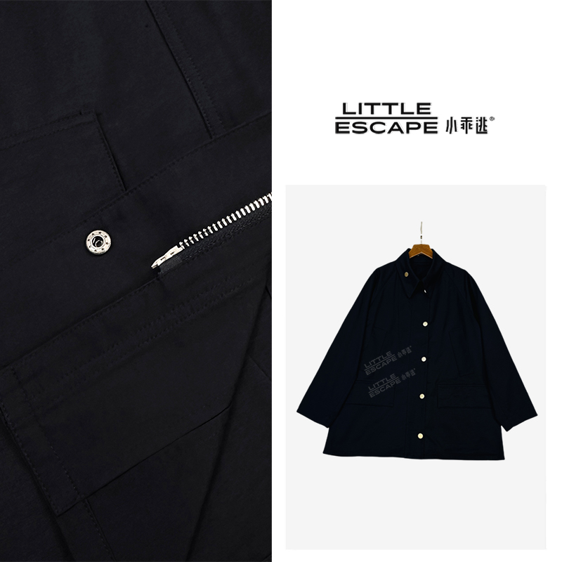小乖逃单黑色！休闲时尚黑色外套风衣双口袋百搭宽松T1001