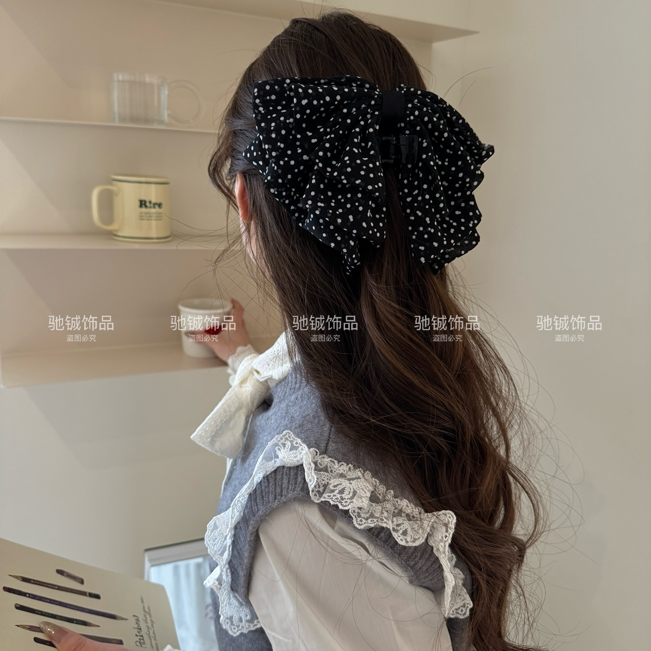 法式复古网纱波点蝴蝶结发夹超大号气质后脑勺三层蝴蝶结鸭嘴夹