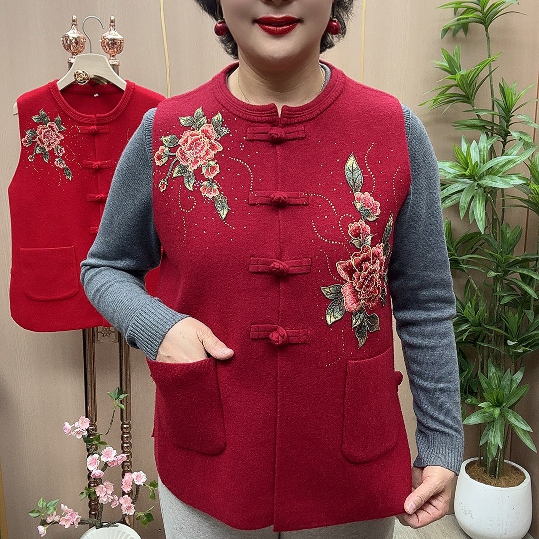 ZH#对角花刺绣马甲  衣长65 中老年女装妈妈装 国风盘扣针织马甲