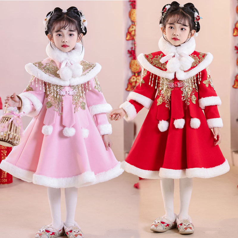 拜年服女童冬季加绒汉汉服新款中国风儿童宝宝新年唐装喜庆旗袍裙