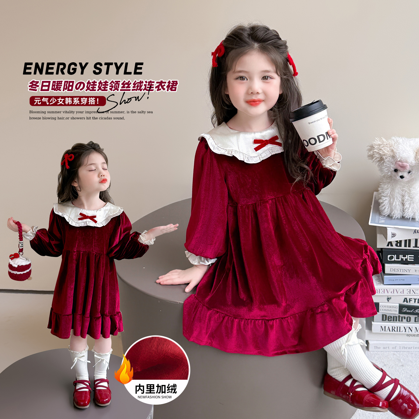 洋气时髦女童装3-6岁9潮款裙子加绒加厚秋冬季韩系女孩红色公主裙