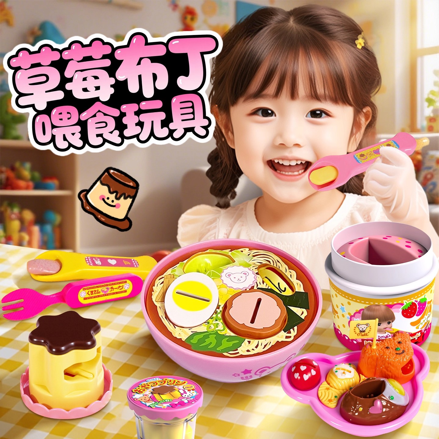 小布丁喂食器玩具投喂咪露果冻草莓吃拉面套装过家家女孩生日礼物