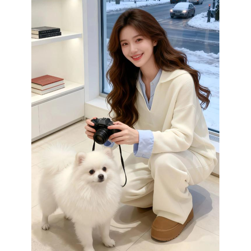 百搭设计感新款2025冬季套装女两件套针织翻领上衣阔腿裤时尚套装