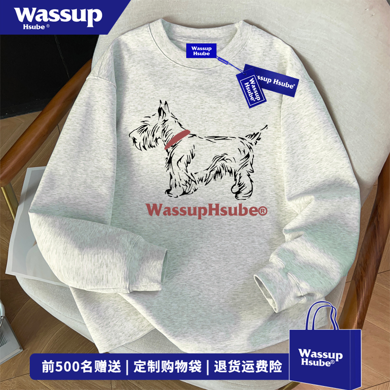 WASSUP HSUBE秋季简约风长毛小狗长袖T恤男美式卡通纯棉打底上衣
