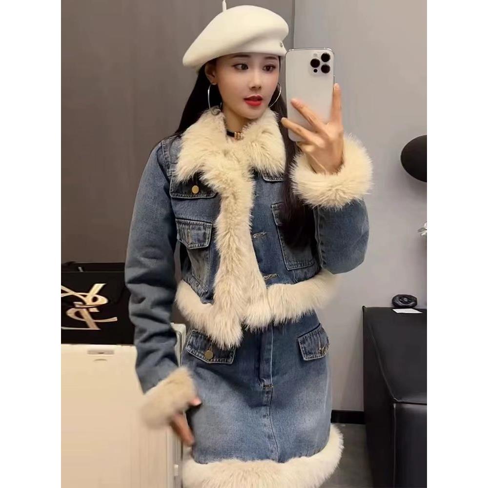 韩版网红时尚秋冬加绒加厚显瘦百搭洋气复古牛仔拼接套装女冬季新