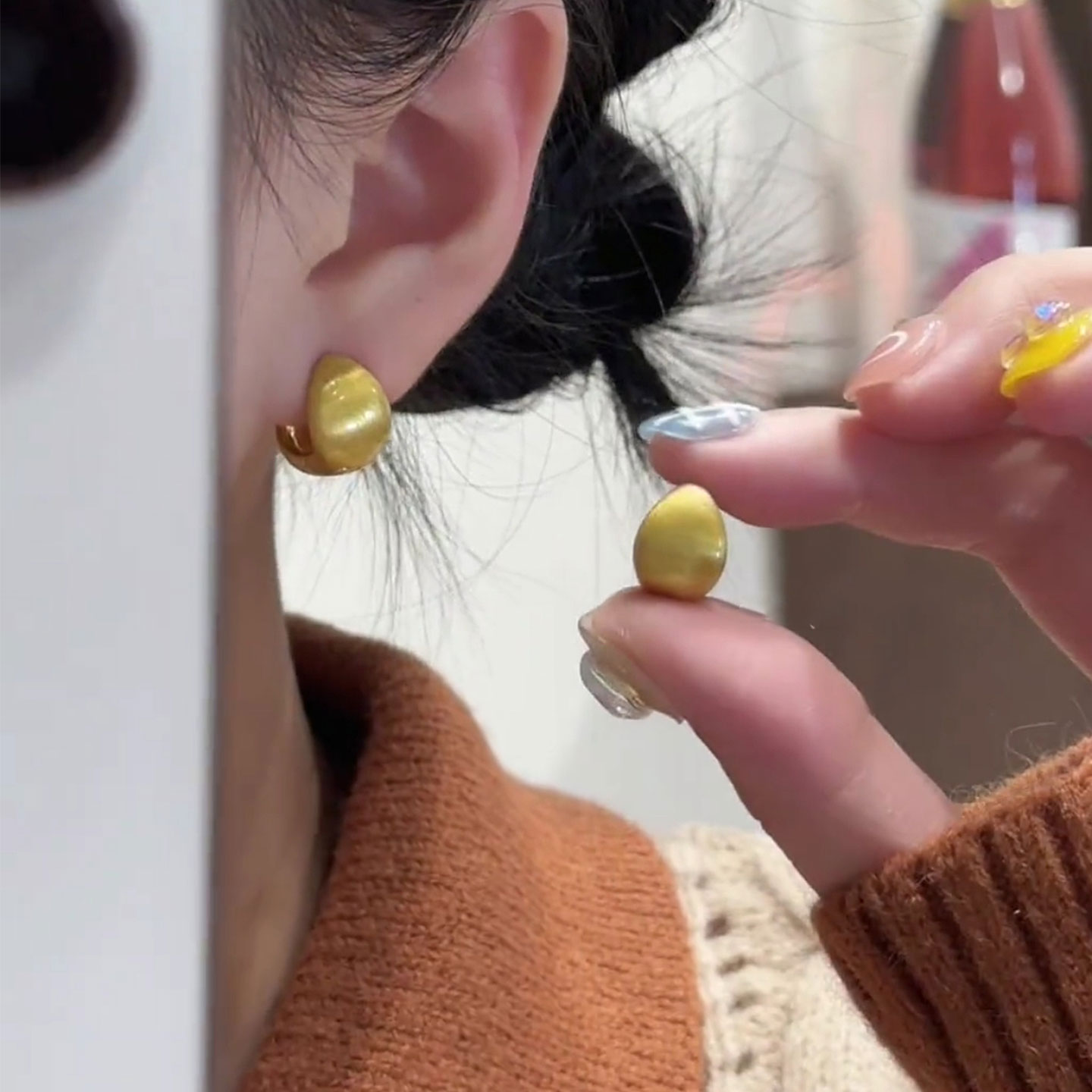 铜合金耳饰  金色哑光拉丝水滴耳环女小众气质高级感轻奢百搭耳饰