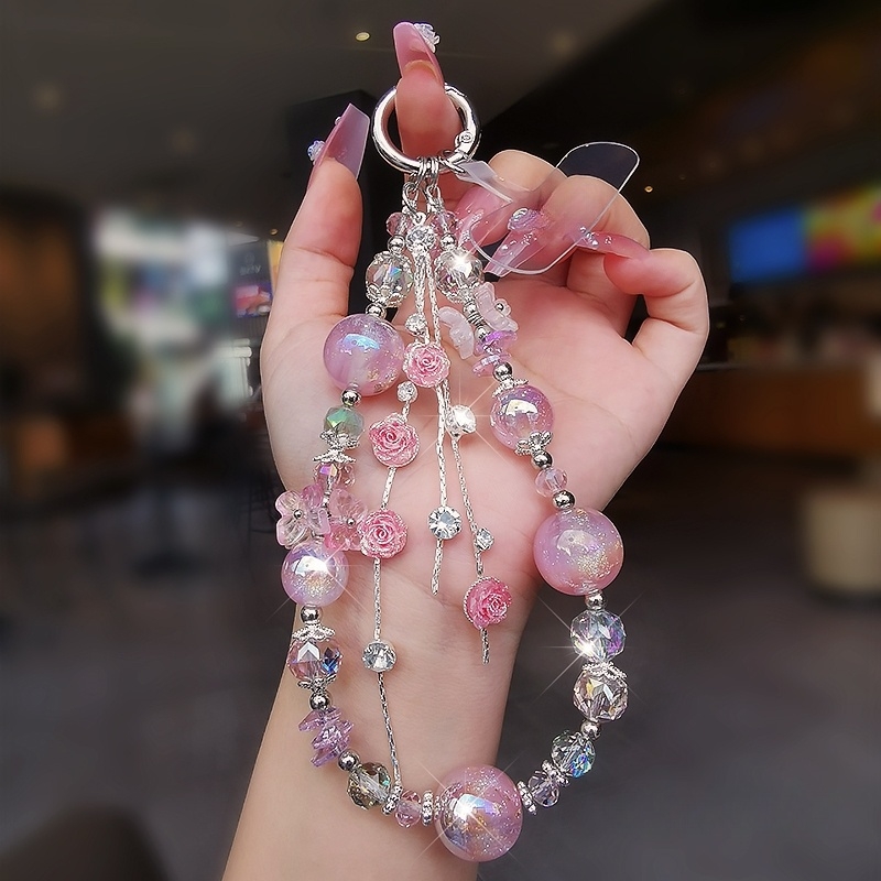 轻奢原创水晶手机挂链玫瑰花流苏手机链手机壳挂件短款手提链挂饰