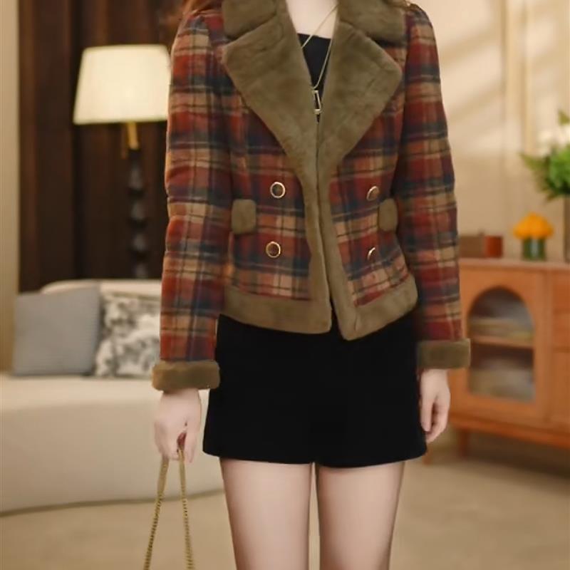 小香风加绒加厚保暖短款外套2025冬季新款时尚洋气U格纹显瘦上衣