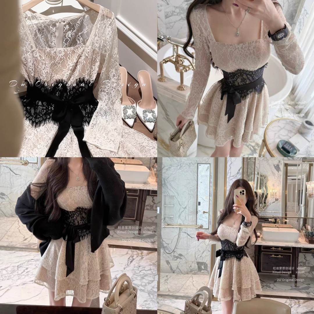 初恋古早风甜美法式温柔纯欲蕾丝连衣裙女