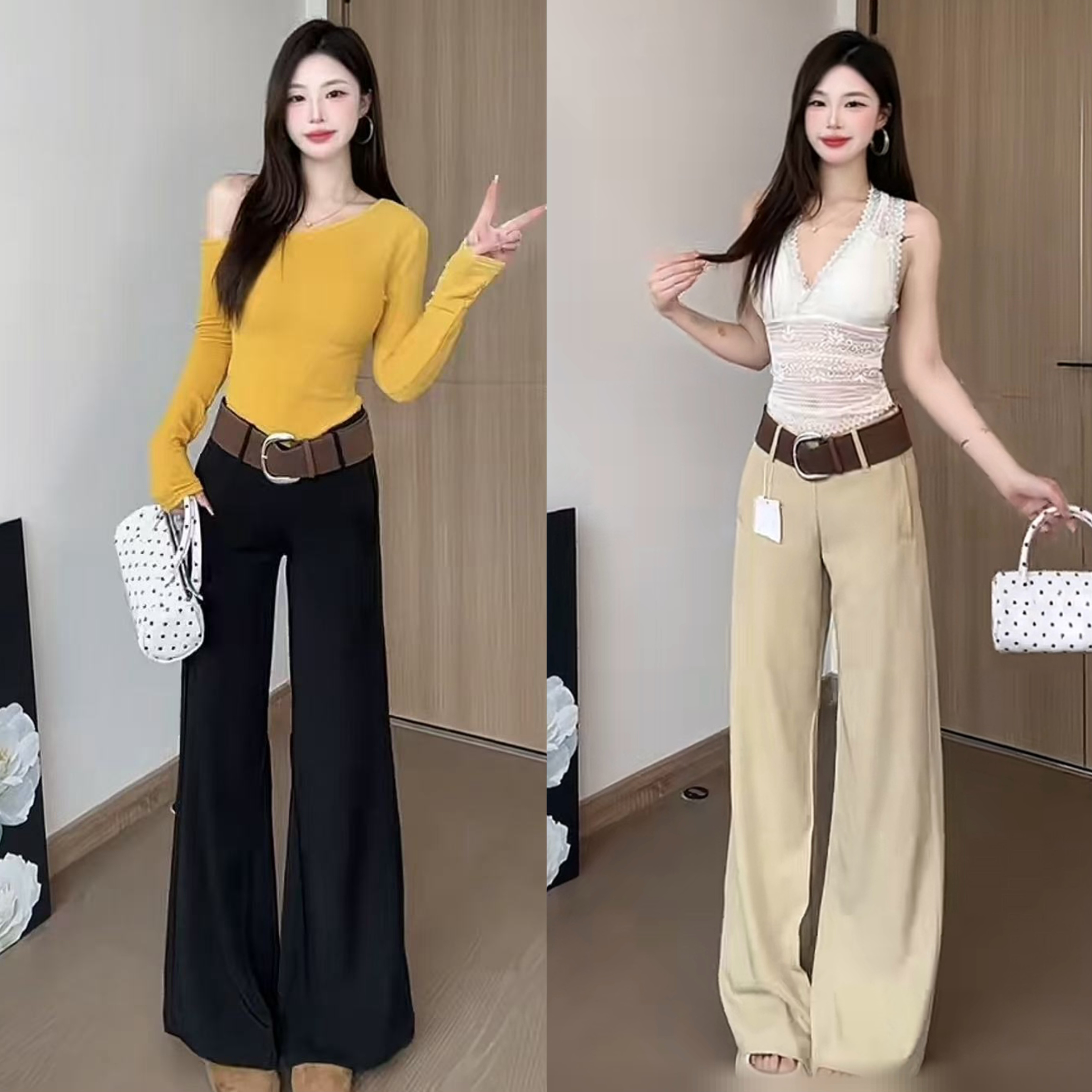 黑色中腰2025休闲裤女装春夏黑色长裤宽松阔腿裤拖地喇叭裤