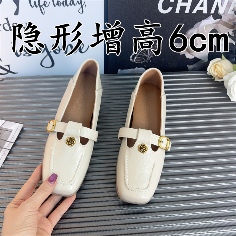 法式方头内增高玛丽珍女鞋2025新款一字带浅口单鞋女山茶花小皮鞋