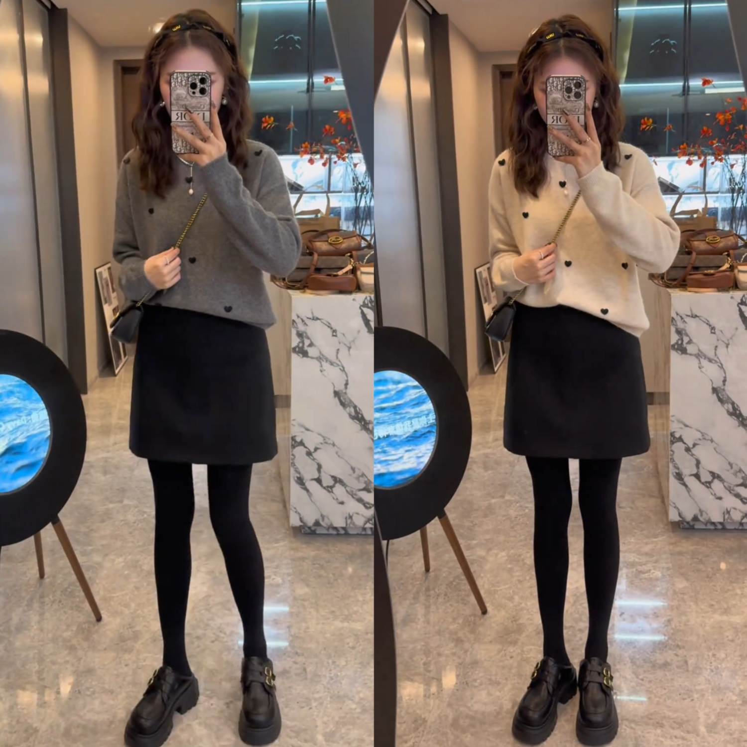 2025秋冬新款小个子减龄套装女洋气百搭爱心毛衣+百褶短裙两件套