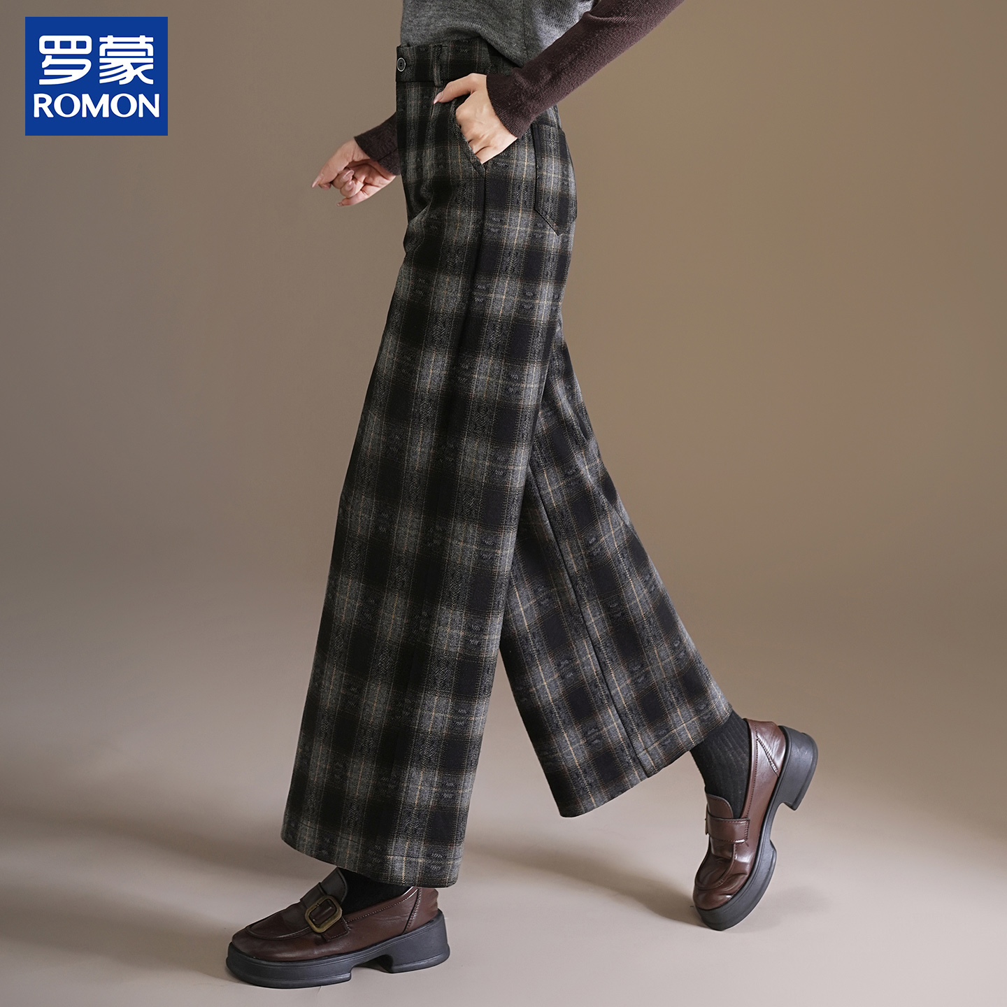 罗蒙妈妈冬季毛呢阔腿裤2025新款休闲格子裤中老年女冬季保暖裤子
