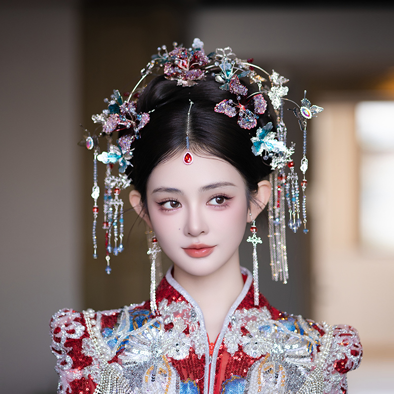 合金婚庆饰品 新中式古风秀禾蝴蝶流苏后区新娘复古水晶头饰G0234
