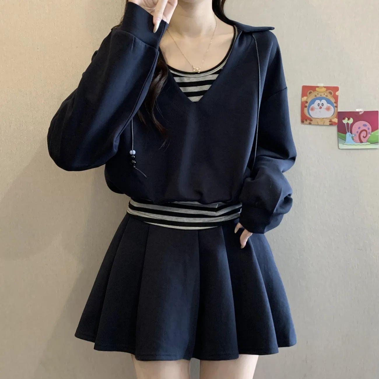 大码女装假两件卫衣+松紧腰气质显瘦休闲A字百褶裙套装女秋季胖MM