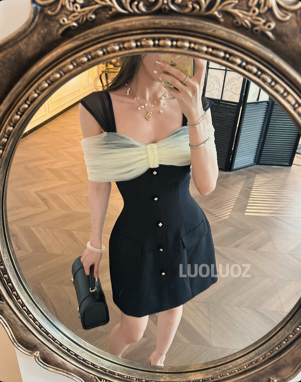 【现货】LUOLUOZ【云雾缭绕】气质领口设计感网纱时尚短款连衣裙CC160