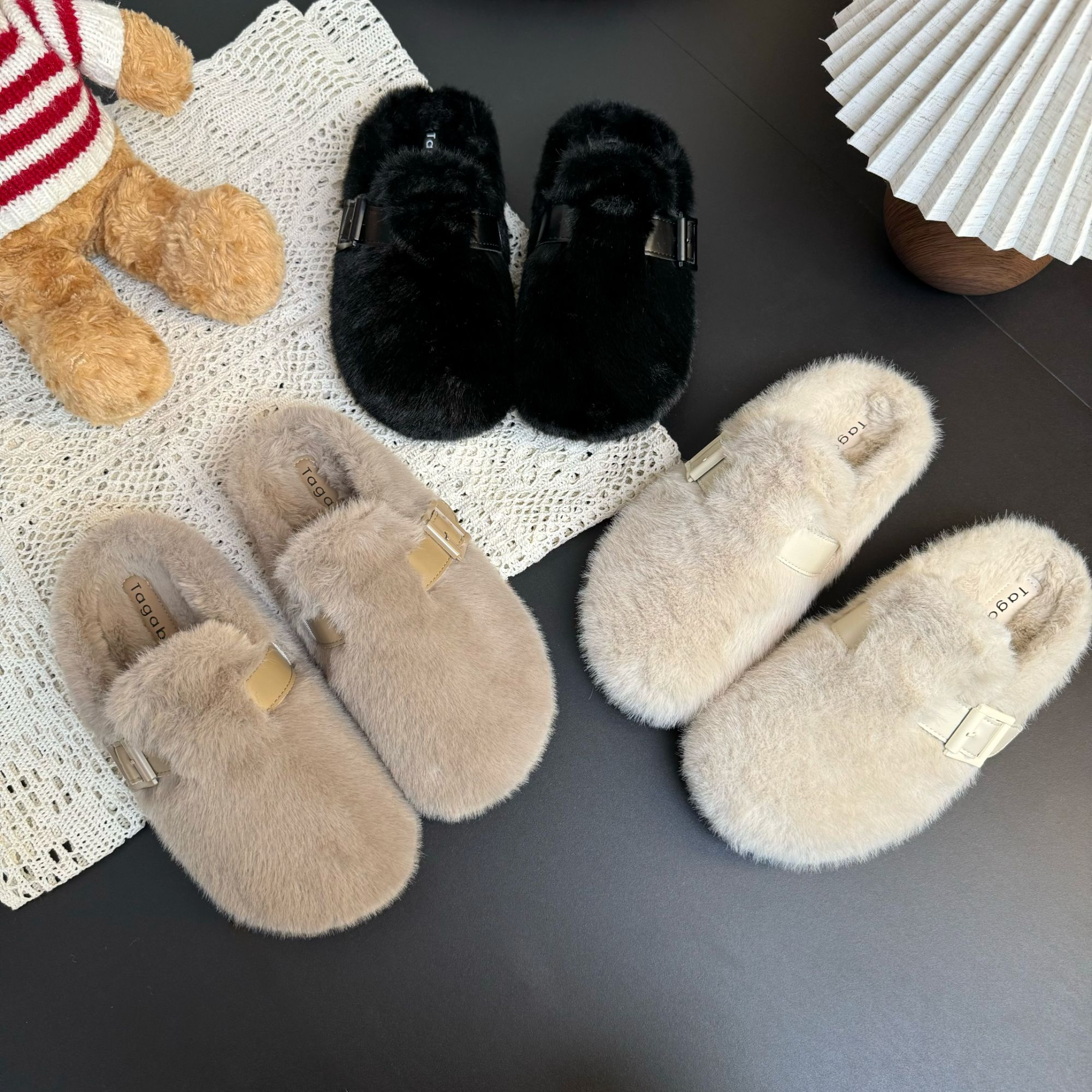 Tagabe中跟包头时尚浅口百搭包头拖毛毛鞋厚底韩版加绒搭扣保暖