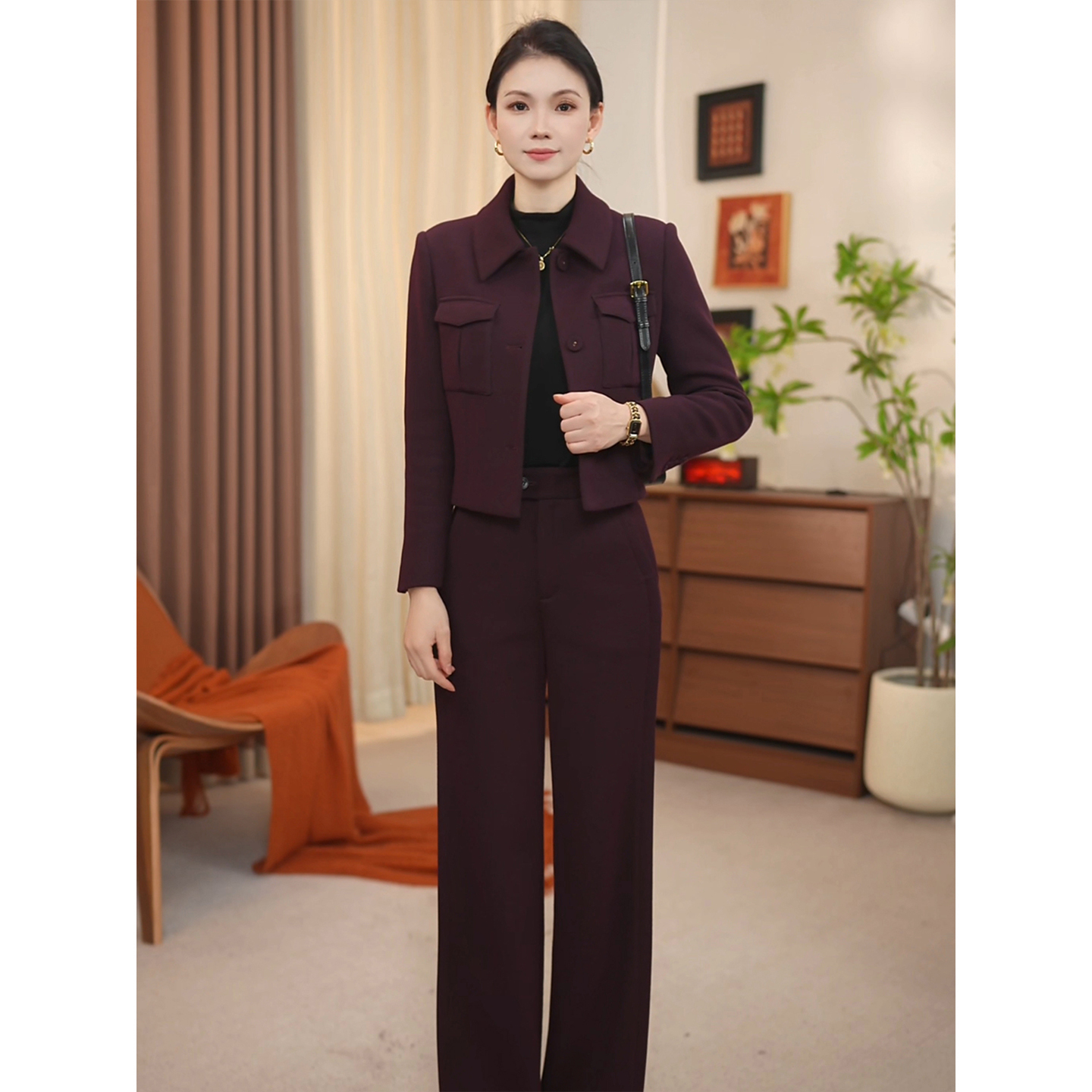 铃铃2025冬季厚款毛呢西装套装女暮光紫气质职业通勤套装PX3398P