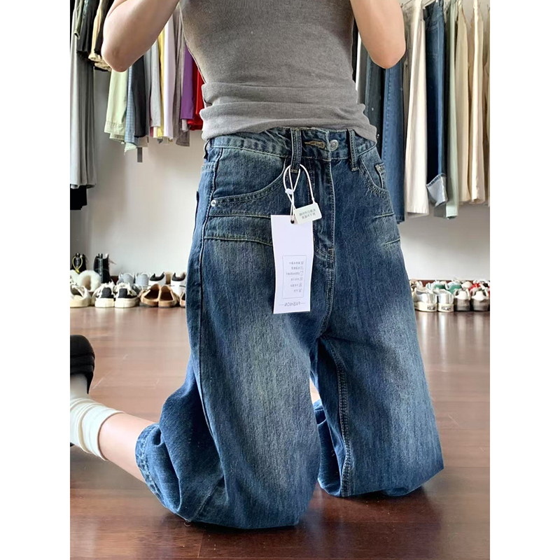 美式复古阔腿牛仔中裤女夏季新款大码胖mm高腰宽松显瘦直筒七分裤