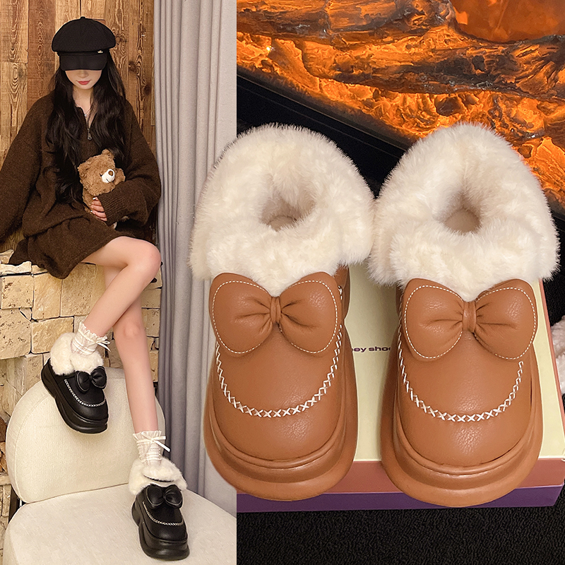 加绒高帮棉鞋女冬季外穿厚底保暖防滑防水PU皮毛绒翻口百搭棉拖鞋