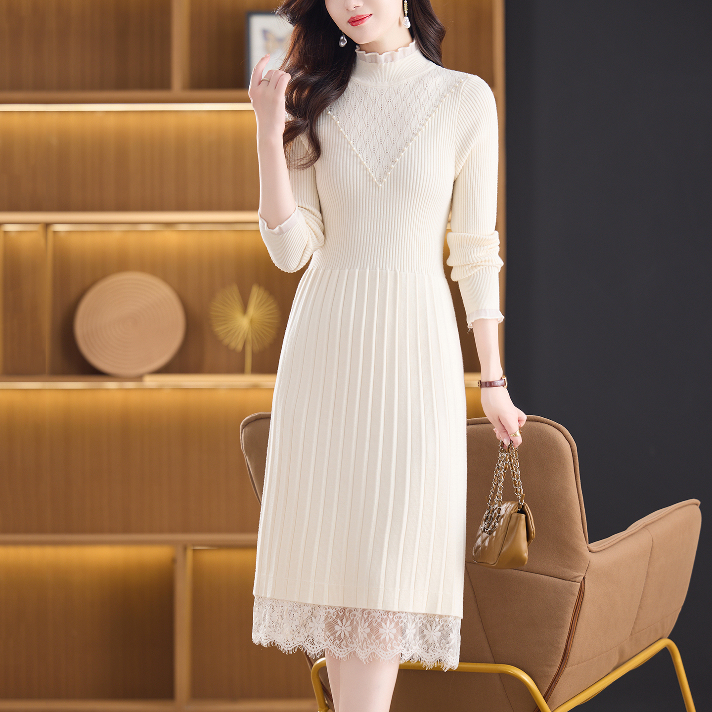 蕾丝边连衣裙冬季内搭配大衣的毛衣裙长款收腰气质得体裙子高级感