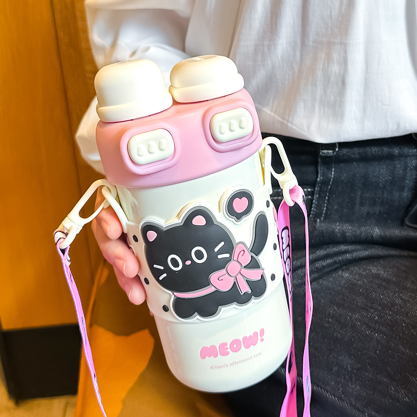 奇怡卡皮巴拉儿童保温杯女可爱双饮水杯大容量学生专用杯子带吸管