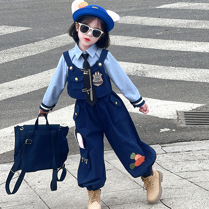 【朱迪正版】女童秋季兔子警官工装风三件套2025新款卡通洋气套装潮