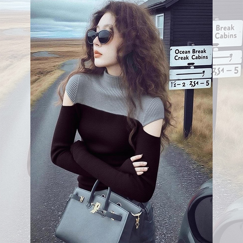别致独特漂亮咖色露肩小衫女装秋冬季设计小众假两件针织衫上衣服