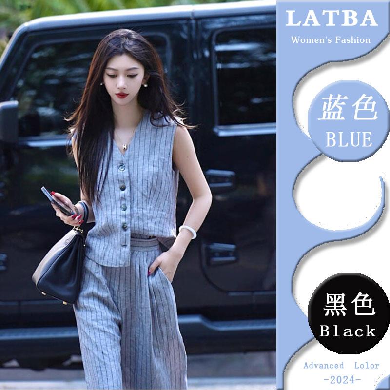 2025超火夏装一整套高级松弛感老钱风亚麻西装马甲高腰阔腿裤套装