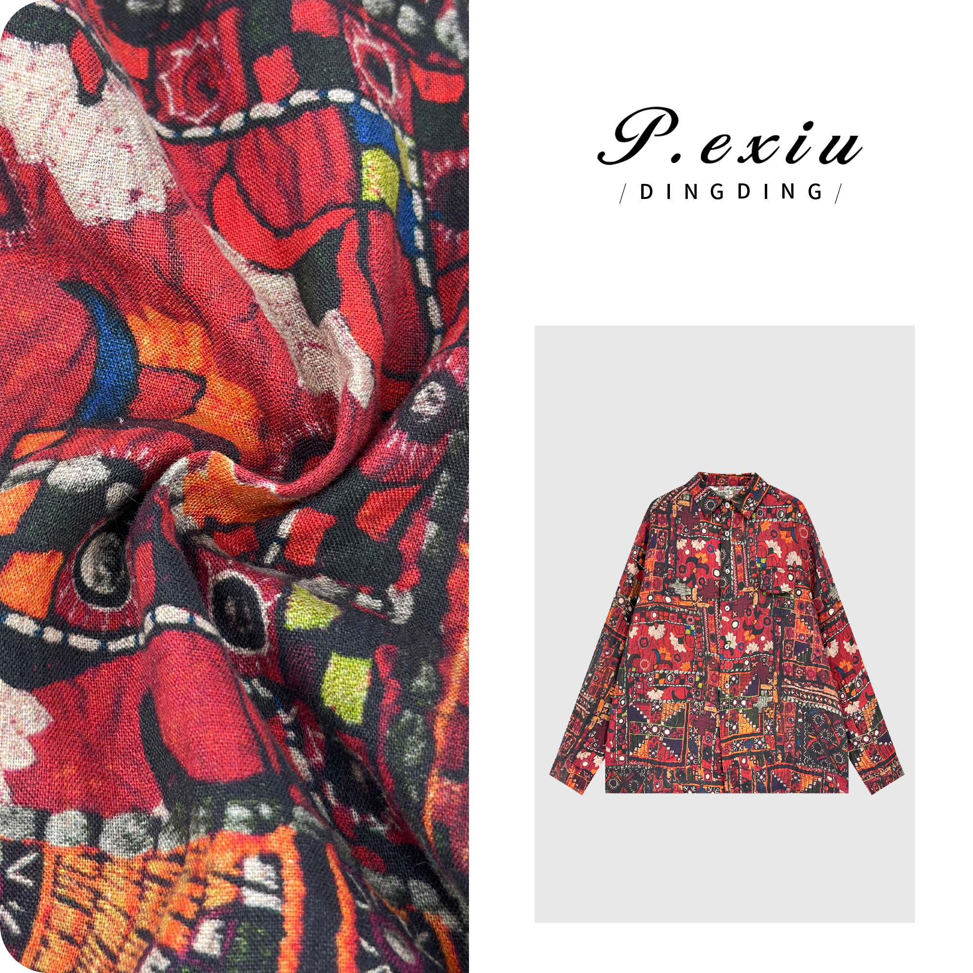 【风染麻桑】100亚麻数码直喷民族风长袖衬衫W-63393