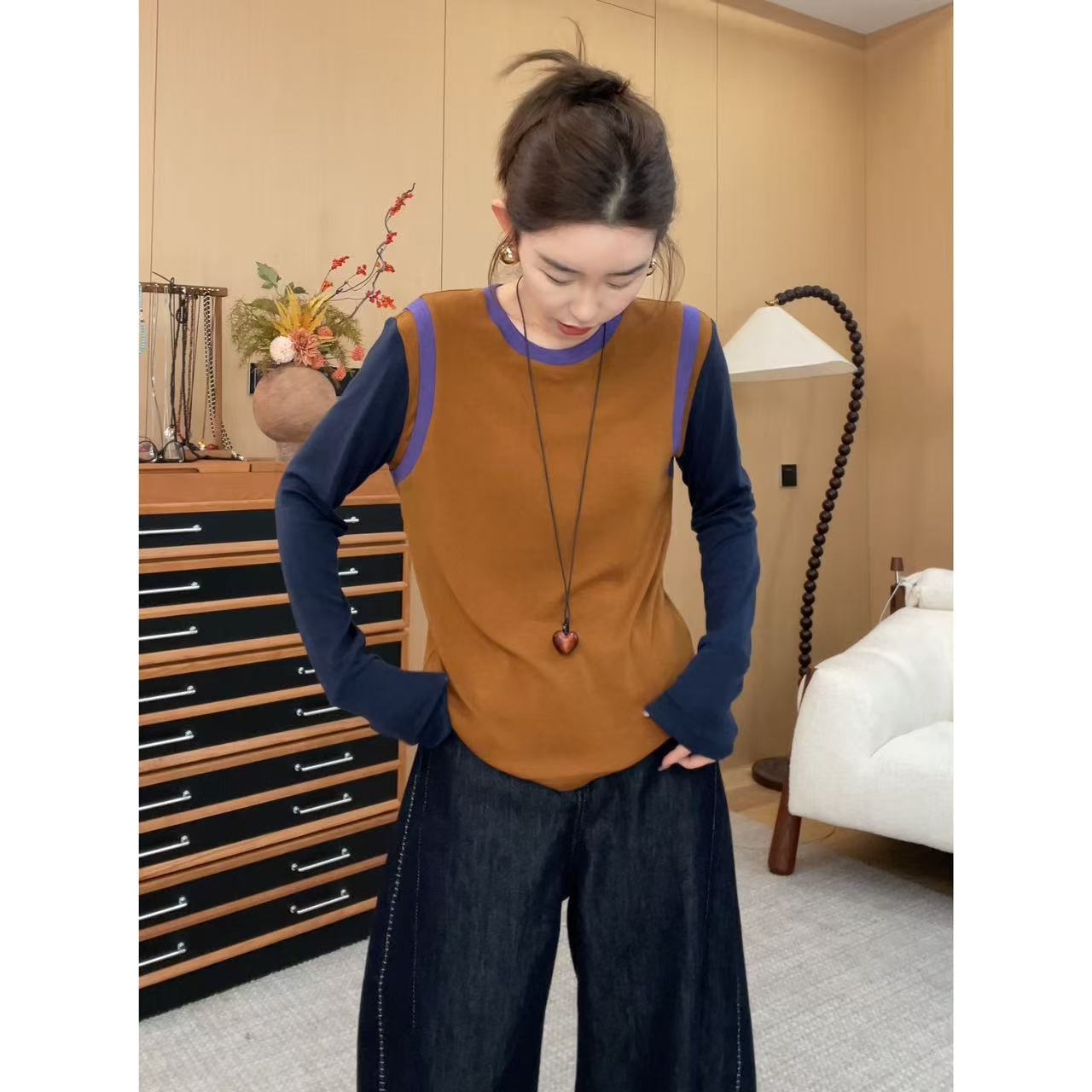 玖了个玖 2025新款【多彩的秋】极简撞色圆领长袖亲肤T恤 2509C5336