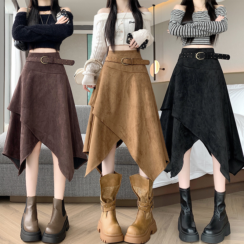 双11复古美拉德辣妹不规则绒咖色半身裙子女冬季新款a字裙秋冬